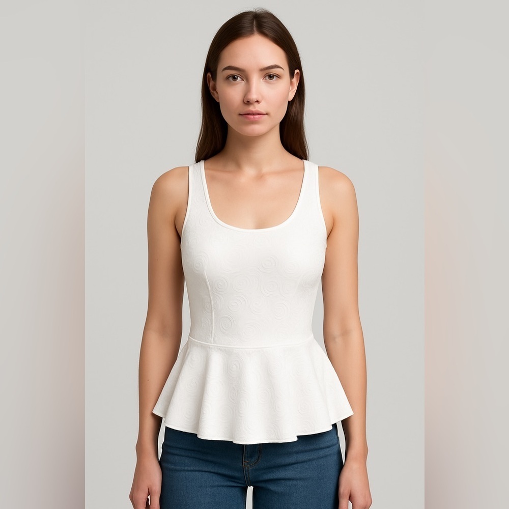Y2K White Textured Peplum Tank Top Women’s Scoop Neck Blouse 5-7-9 Y2k Angelcore